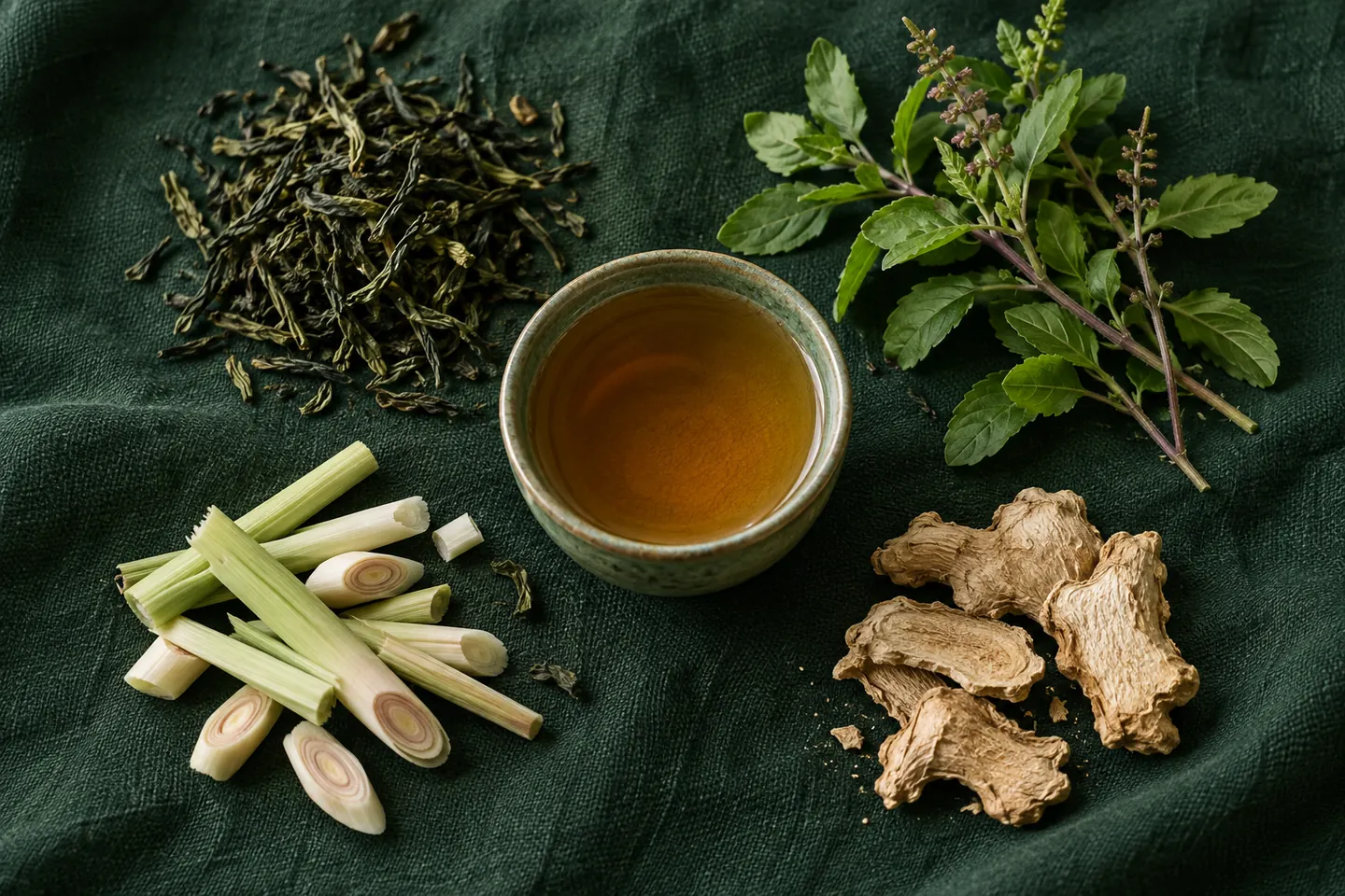 Green tea, tulsi, lemongrass and dry ginger arranged around a cup of tea