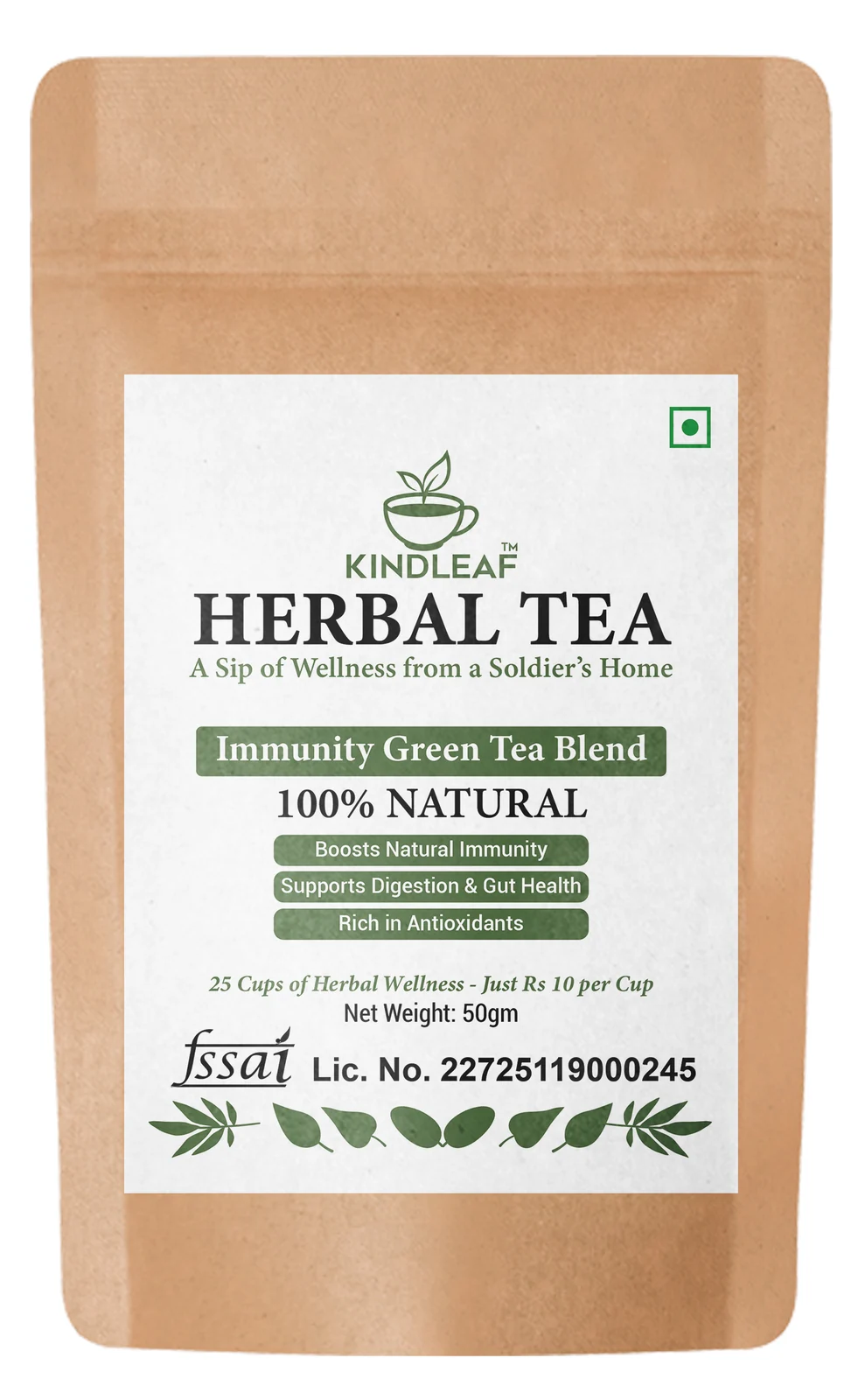Front of the supplied Kindleaf handcrafted herbal tea pack