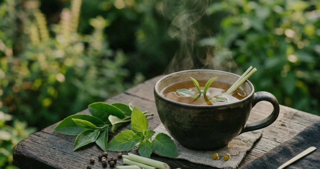 A warm cup of herbal green tea surrounded by fresh garden leaves
